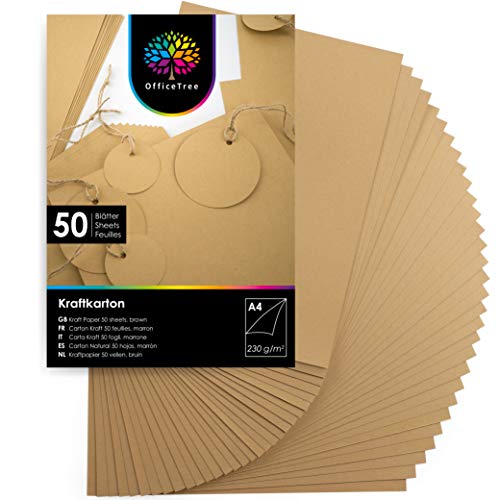 OfficeTree A4 Kraftpapier 230g - 50 Blätter - Braunes Papier zum Basteln, Bedrucken und Malen - Kartonpapier A4 - Craft Papier