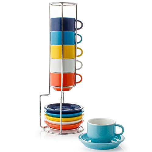 Sweese 404.002 6-teilig Stapelbare Espressotassen Set aus Porzellan, Kaffeetassen mit Untertasse und Metall Ständer, Bunte Serie, 75 ml