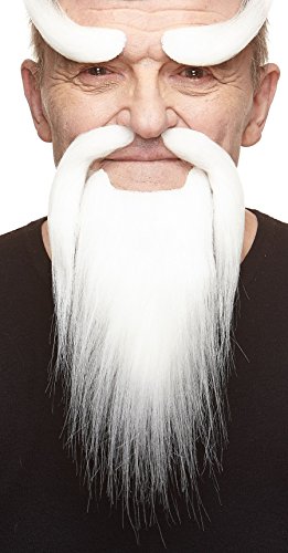 Selbstklebender Shaolin Monk Gefälschter Schnurrbart-Bart und Augenbrauen, Neuheit, Falsche Gesichtsbehaarung, Kostümzubehör für Erwachsene, Weiß Farbe
