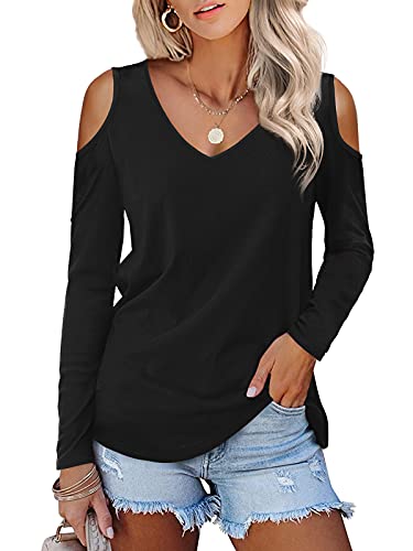Beluring Damen Sexy Sommer T Shirts V-Ausschnitt Offene Schulter Tunika Oberteile Basic Shirts Schwarz M