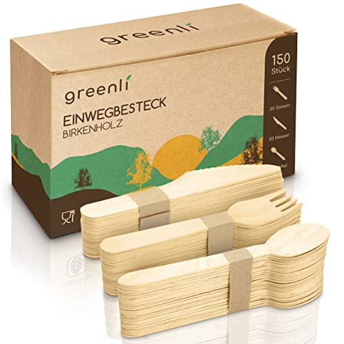 greenli® Einwegbesteck - 150 Holzgabeln, Holzmesser und Holzlöffel - Nachhaltiges Einweggeschirr Set aus Holz