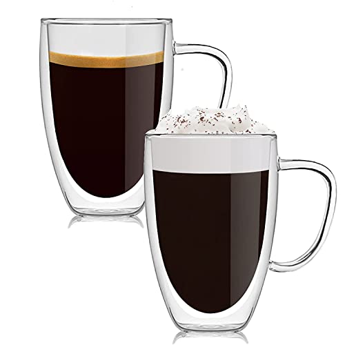 Latte Macchiato Doppelwandige Gläser mit Henkel, 2er Set 450ml Borosilikatglas Kaffeeglas Teegläser für Cappuccino, EIS, Milch, Bier, Thermogläser Teeglas Doppelwandig, Espresso Kaffeegläser