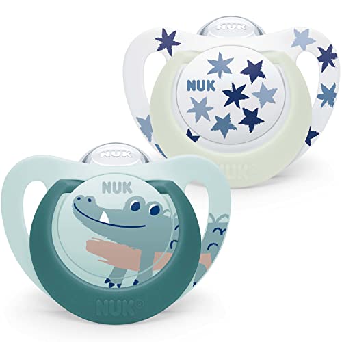 NUK Star Babyschnuller | Day & Night Schnuller | BPA-freies Silikon | 18–36 Monate | Green Crocodile | 2 Stück