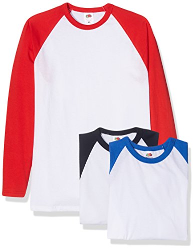Fruit of the Loom Herren Baseball Classic Long Sleeve T-Shirt, Weiß Marineblau/Weiß Rot/Weiß Königsblau, L (3er Pack)