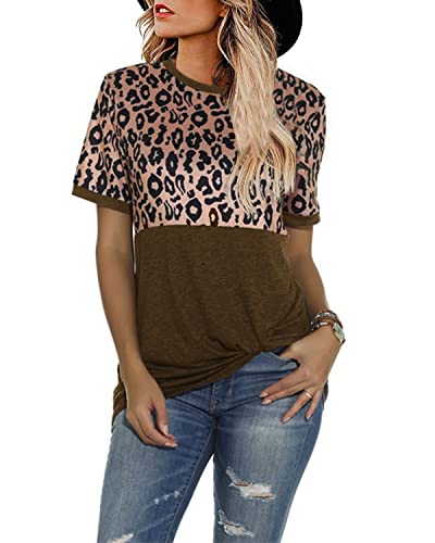datasy Damen Tops Kurzarm Oberteile Leoparden T Shirt Sommer Locker Bluse für Damen Elegant Rundhals Leopardenmuster Farbblock Tunika Braun XXL