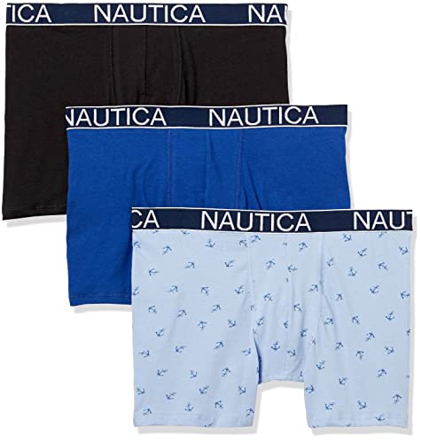 Nautica Herren 3 Pack Cotton Stretch Boxer Brief Retroshorts, Schwarz/Windsurf/Anker Print-Coastal Sky, X-Large