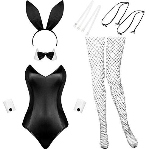 Geyoga Hase Kostüm Frauen Dessous und Schwänze Bodysuit Kaninchen Outfit Set für Halloween Weihnachten Kostüm Cosplay Party (L, Weiß und Schwarz)