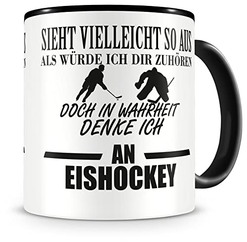 Samunshi® Ich denke an Eishockey Tasse Kaffeetasse Teetasse Kaffeepott Kaffeebecher Becher H:95mm/D:82mm schwarz