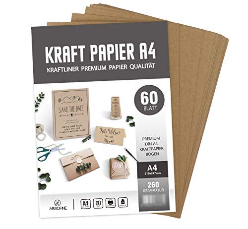 ABSOFINE 60 Blätter Kraftpapier DIN A4 Kraftkarton 260g/m² Qualität Naturkarton in Hochwertiger Qualität Kraftkarte Recycelt