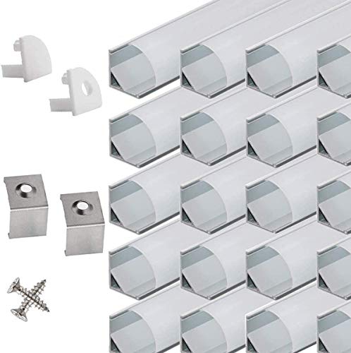 LED Aluminium Eckprofil 45 grad - 20x100cm LED Aluminium Profil für LED-Streifen/Leisten mit Weiß Milchige Abdeckung,Endkappen,und Montageklammer …