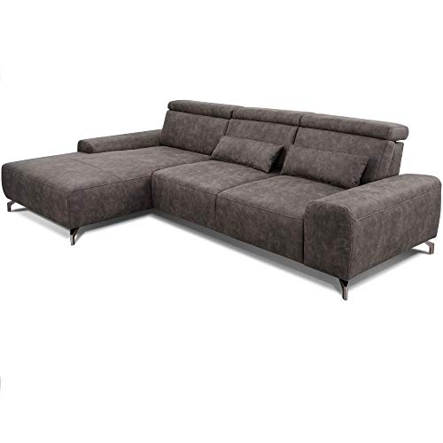 CAVADORE Eckcouch Gizmo / Leder-Sofa in L-Form mit großem Longchair, verstellbaren Rückenlehnen und Kopfteilen / 289 x 82 x 178 / Mikrofaser, anthrazit