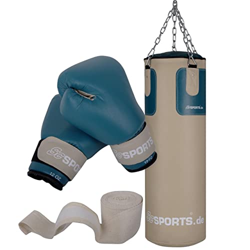 ScSPORTS Boxsack-Set mit Boxsack 25 kg, inkl. Boxhandschuhen, Boxbandagen und 4-Punkt-Stahlkette, beige/Petrol, durch Intertek geprüft + bestanden¹