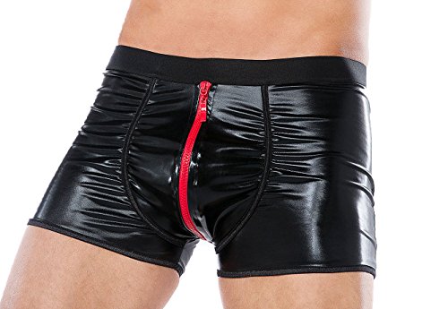 Andalea Herren Dessous Boxer-Shorts schwarz aus Wetlook Material mit Reißverschluss Männer Shorts Unterwäsche Größe: L/XL
