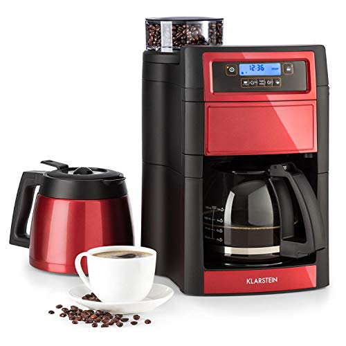 Klarstein Aromatica II Kaffeemaschine mit Mahlwerk, 1000 W, 1.25L Glaskanne oder 1.25 L Thermoskanne, Filterkaffeemaschine mit Mahlwerk, Timer, inkl. Permanent- und Aktivkohle Filter, rot