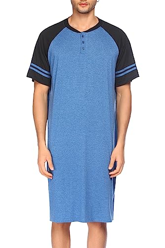 Ekouaer Herren Nachthemd Kurzarm mit Knopfleiste Praktisch Sleepshirt Nachtwäsche Weich Einteiliger Schlafanzug Luftig Schlafshirt Blau XL