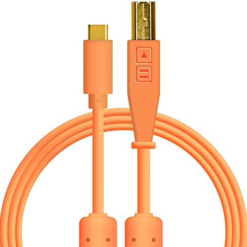 DJ Techtools Chroma Cable USB-C, Hochqualitatives Audio-optimiertes USB-C zu USB-B Kabel (vollständig geflochtene Abschirmung mit zwei Ferritkerndrosseln, Länge: 1.5m mit Klettverschluss), neon orange