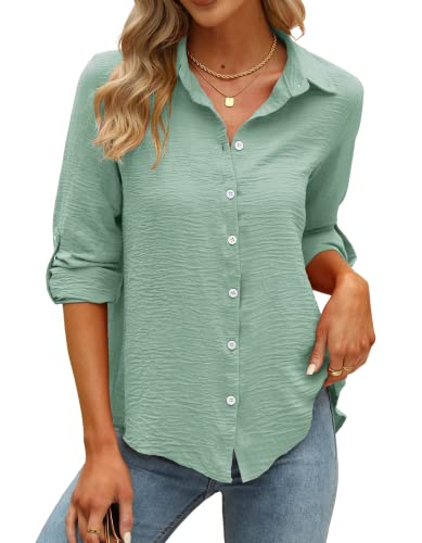 Damen Oberteile - Chiffon Hemdbluse - Basic Langarmshirt - V-Ausschnitt Business Casual Musselin Bluse Hemden - Lässige Knöpf Bürohemden Tops Tunika Shirt (Hellgrün,Large)