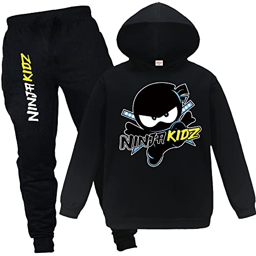 Ninja Kidz Kinder Trainingsanzüge Jungen Mädchen Hoodies und Hosen 2-teiliges Outfit Casual Jumper und Jogger Set, Schwarz , 7-8 Jahre