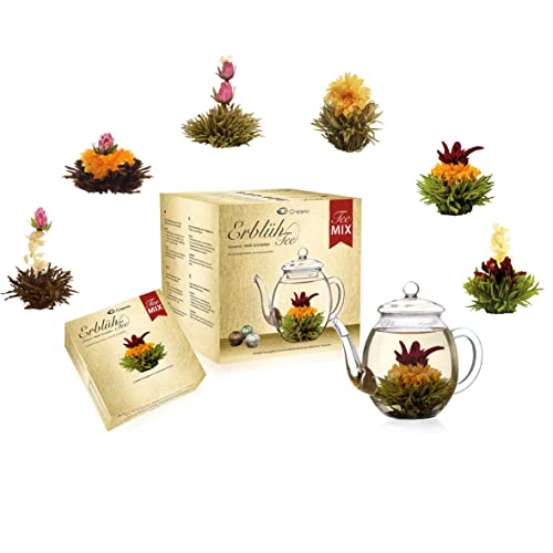 Creano Teeblumen Mix - goldenes Geschenkset Erblühtee mit Glas Teekanne weißer, grüner & schwarzer Tee in 6 Sorten Geschenk für Frauen 7 teilig