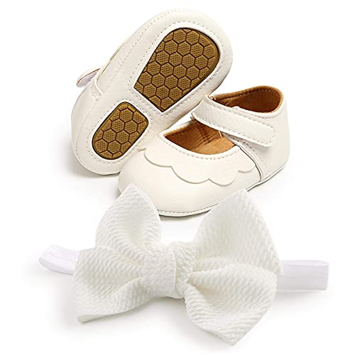 Kfnire Babyschuhe Mädchen Baby Prinzessin Schuhe Stirnbänder Geschenkset |Anti-Rutsch&Weiche Sohle| Krabbelschuhe Lauflernschuhe Haarband + Babyschuhe Taufe Mädchen Hochzeit Schuhe