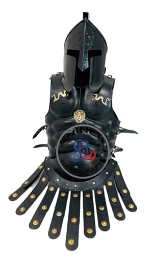 SHINER HANDICRAFTS Mittelalterliche 18G Stahl römische Muskel-Brustpanzer Jacke mit 300 Spartaner-Helm Kostüm Schwarz, Black, Einheitsgröße