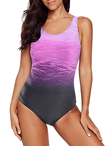 HAPPY SAILED Damen Badeanzug Farbverlauf Kreuz Rückseite Einteiler Swimsuit S-XL (1Lila, XXL)
