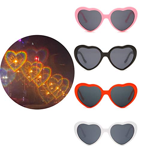 Yulefly Heart Effect Glasses Spezialeffektbrillen 4pcs 4 Farbe Romantische Herz Brille Effekt interessant Lichtbeugungsbrille 3D Heart Diffraction Glasses Herzförmige Sonnenbrille für Bar Nachtclub