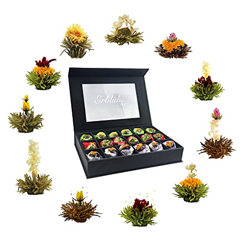 Creano 18er Teeblumen Geschenkset ErblühTee - Weißer, Schwarzer & Grüner Tee - in edler Magnetbox mit Sichtfenster & Silberprägung