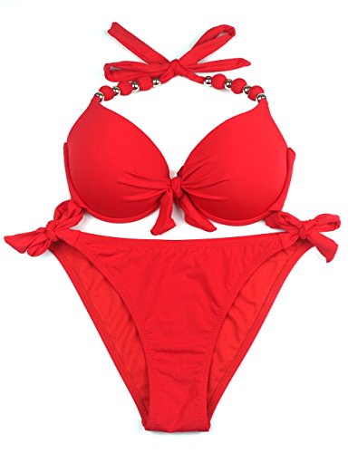 EONAR Damen Seitlich Gebunden Bikini-Sets Abnehmbar Bademode Push-up-Bikinioberteil mit Nackenträger, Rot, (Größe:44)80D/85C/85D/90C