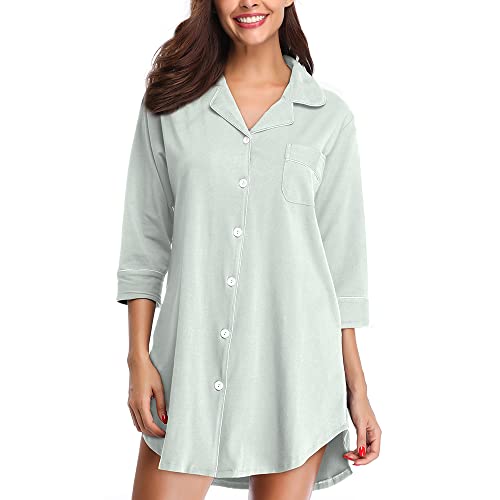 SHEKINI Nachthemd Damen Knopfleiste Boyfriend Nightshirt 3/4 Ärmel Nachthemd Nachtwäsche mit Knöpfen und Tasche