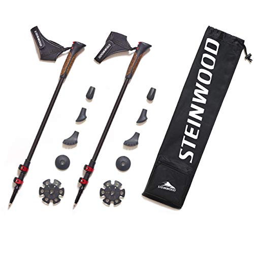 Steinwood Premium 100% Carbon Nordic Walking Stöcke verstellbar mit Teleskop und Klemmverschluss mit extra Gummipuffer und Tragebeutel