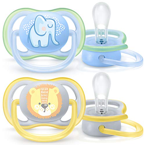 Philips Avent Ultra Air Schnuller, 2er-Pack – BPA-freier Schnuller für Babys von 0 bis 6 Monaten, Elefant/Löwe (Modell SCF085/01)