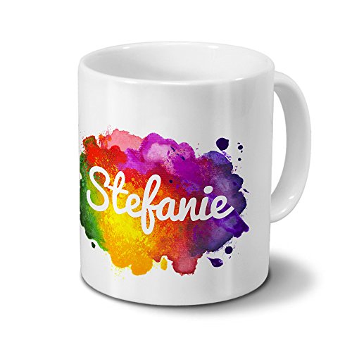 Tasse mit Namen Stefanie - Motiv Color Paint - Namenstasse, Kaffeebecher, Mug, Becher, Kaffeetasse - Farbe Weiß