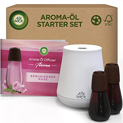Air Wick Aroma-Öl Flakon Starter Set - Diffuser mit 2 Nachfüllern - Aromatherapie - Duft: Beruhigende Rose - Floraler Raumduft mit ätherischen Ölen - 2 x 20 ml Öl + Gerät in Weiß