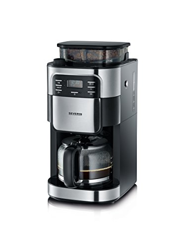 SEVERIN Kaffeemaschine mit Mahlwerk, Kaffeeautomat mit Glaskanne und Timer-Funktion, auch als Filterkaffeemaschine, Glas-Kaffeekanne für 8 Tassen, 1000 Watt, schwarz/ Edelstahl, KA 4810