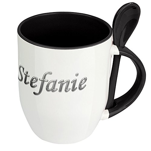 Namenstasse Stefanie - Löffel-Tasse mit Namens-Motiv Chrom-Schriftzug - Becher, Kaffeetasse, Kaffeebecher, Mug - Schwarz