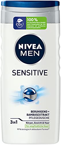NIVEA MEN Sensitive Pflegedusche (250 ml), erfrischendes und pflegendes Duschgel mit Bambusmilch, feuchtigkeitsspendende Dusche für empfindliche Männerhaut