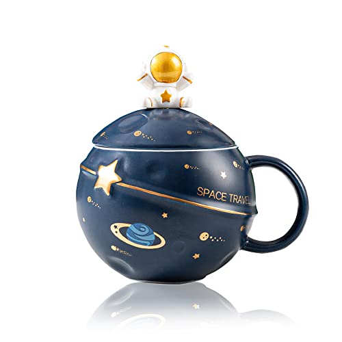 Kawaii Astronaut Tasse Planet Tasse mit Weltraum Prägung Süße Kaffeetasse aus Keramik Neuheit Becher mit Deckel und Löffel für Kaffee, Tee und Milch Lustiges Geschenk Geburtstag (Dunkelblau)