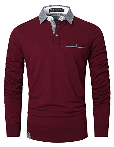 GHYUGR Poloshirt Herren Langarm Golf T-Shirt Klassische Karierte Spleiß Polohemd S-2XL,Rot 1,L