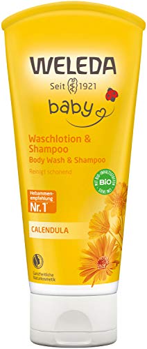 WELEDA Bio Baby Calendula Waschlotion & Shampoo, Naturkosmetik schonendes Duschgel für Babyhaut- und Haar, reinigt und pflegt die Kopfhaut von Kindern und Babys (1 x 200ml)