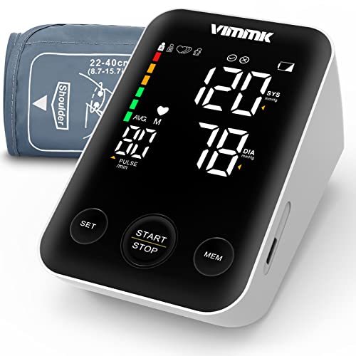 Vimmk Blutdruckmessgerät Oberarm Digital Messgerät Bluthochdruck LED Display, Arrhythmie-Erkennung & Pulsmessung, 2x120 Speicher, Manschette 22-40cm