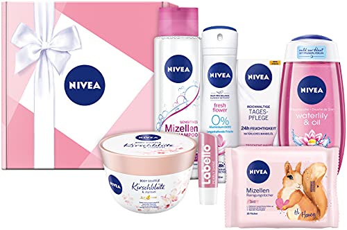 NIVEA Geschenkbox Rosa, Pflegeset mit Shampoo, Reinigungstüchern, Tagespflege, Pflegedusche und mehr, Geschenkset mit Pflegeprodukten für besondere Wohlfühlmomente