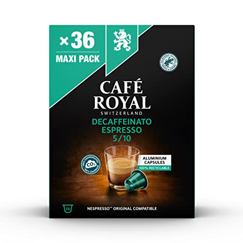 Café Royal 36 Espresso Decaffeinato Nespresso®* kompatible Kapseln aus Aluminium - Intensität 5/10 - Großpackung 36 Kaffeekapseln - UTZ-zertifiziert - Kompatibel mit Nespresso®* Kaffeemaschinen