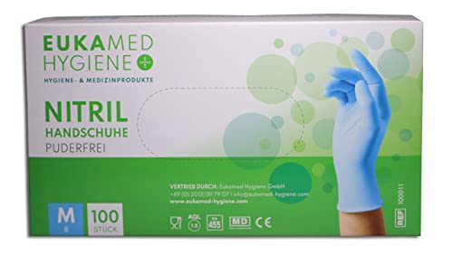 Eukamed Hygiene GmbH Nitril-Handschuhe M, 100 Stück, puderfrei, latexfrei, hypoallergen, Lebensmittelhandschuhe, medizinische Einweghandschuhe (Pack á 100 Stück)(Größe M)