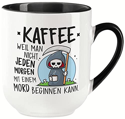 vanVerden Curved Tasse mit Spruch - Kaffee, weil man nicht jeden morgen mit einem Mord beginnen kann - beidseitig Bedruckt - Geschenk Idee Kaffeetasse, Tassenfarbe:Weiß/Schwarz