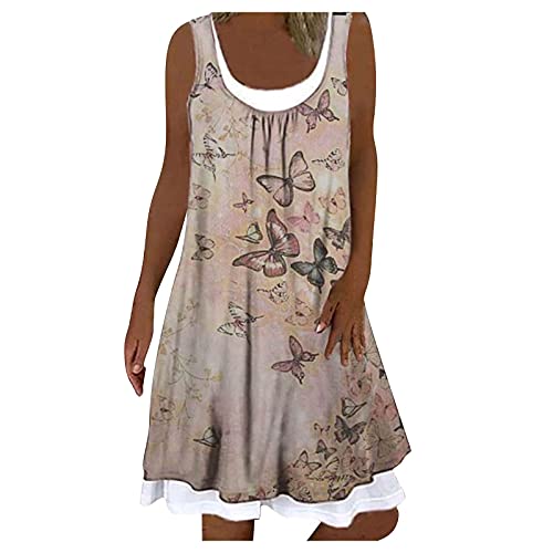 Masrin Damen Trägerkleid Mode gefälschtes zweiteiliges Kleid Lässiges Skaterkleid mit 3D-Schmetterling und Blumendruck Sommer ärmelloses Strandkleid mit Rundhalsausschnitt