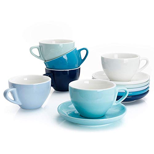 Sweese 401.003 6-teilig Espressotassen Set aus Porzellan, Dickwandige Kaffeetassen mit Untertasse, 75 ml, Blaue Serie