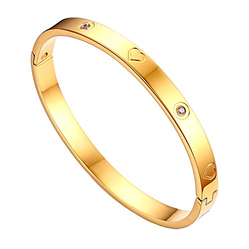 JewelryWe Schmuck Damen Armreif Edelstahl Zirkonia Herz Prägung Armband 6mm breit mit Schließe Armspange Gravur Gold