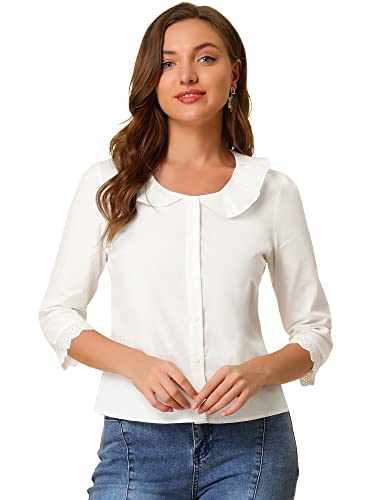 Allegra K Damen 3/4 Ärmel Bubikragen Knopfleiste Oberteil Panel Stickerei Baumwolle Shirt Bluse Weiß XL