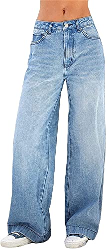 CRMY Damen Y2k Mode Loose Straight Jeans Jeanshose Hohe Taille Bootcut Jeans mit weitem Bein Baggy Pants (Color : Blue, Size : L)